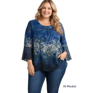 Calvin Klein Blue Floral Sheer Lined Bell Sleeves Pull On Blouse